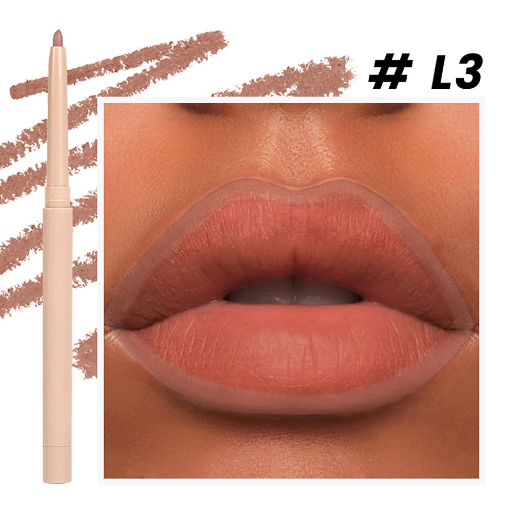 Lip liner shade shown on lips with pencil and swatch