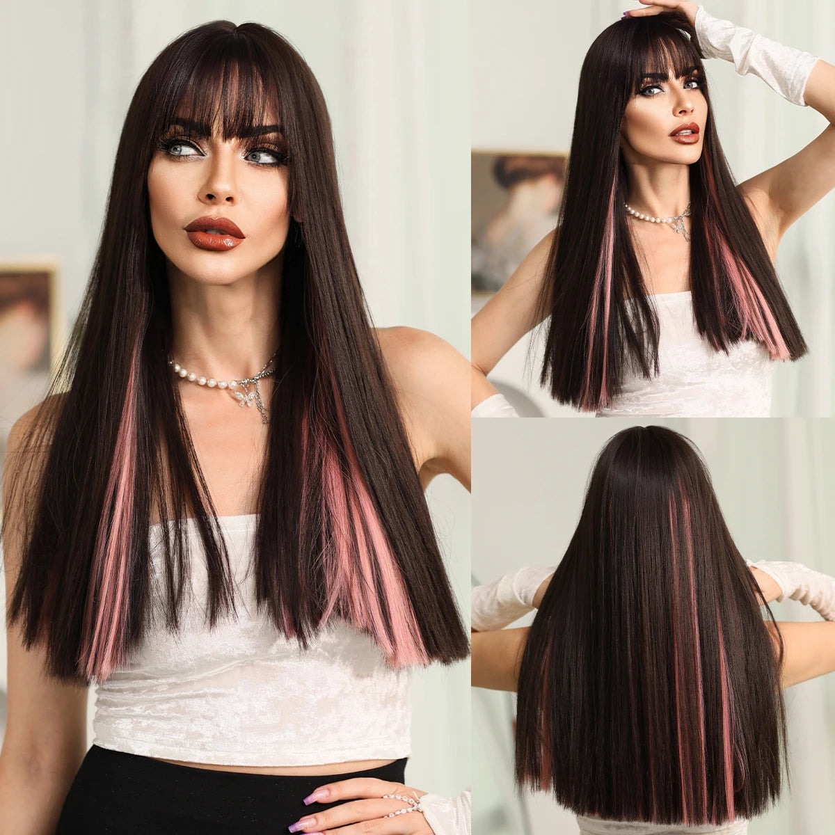 Long straight wig with bangs shown from front and back
