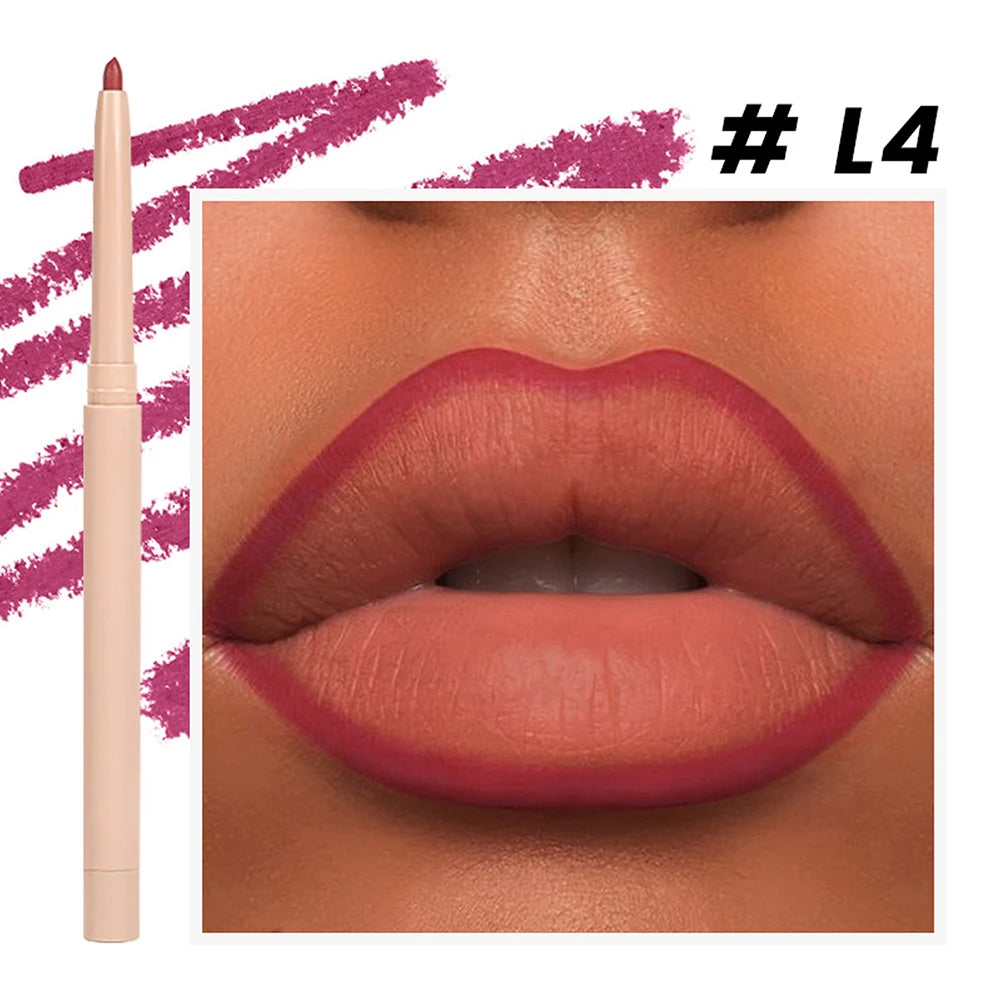 Lip liner shade shown on lips with pencil and swatch