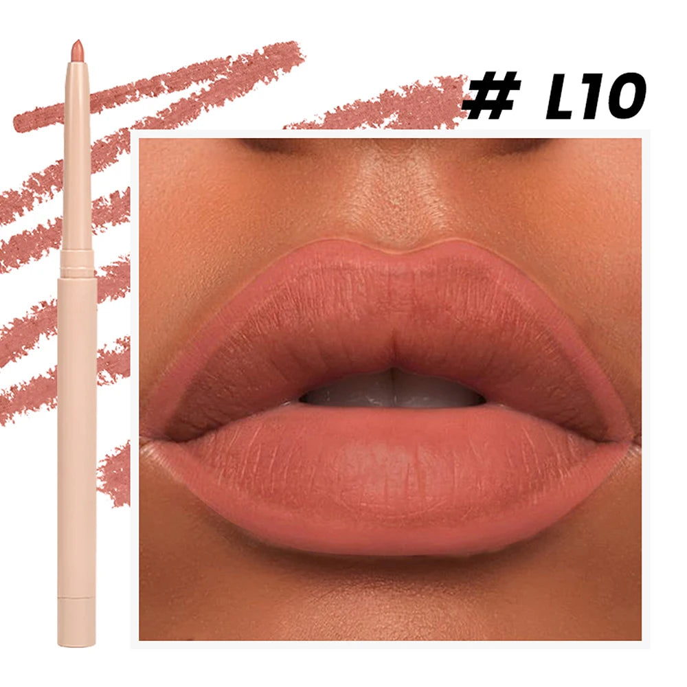 Lip liner shade shown on lips with pencil and swatch