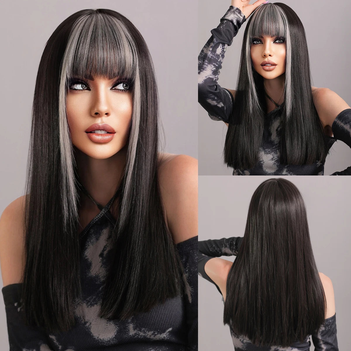 Long straight wig with bangs shown from front and back