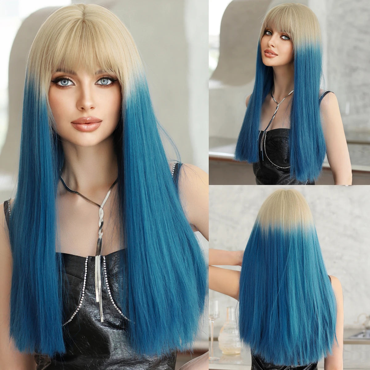 Long straight wig with bangs shown from front and back