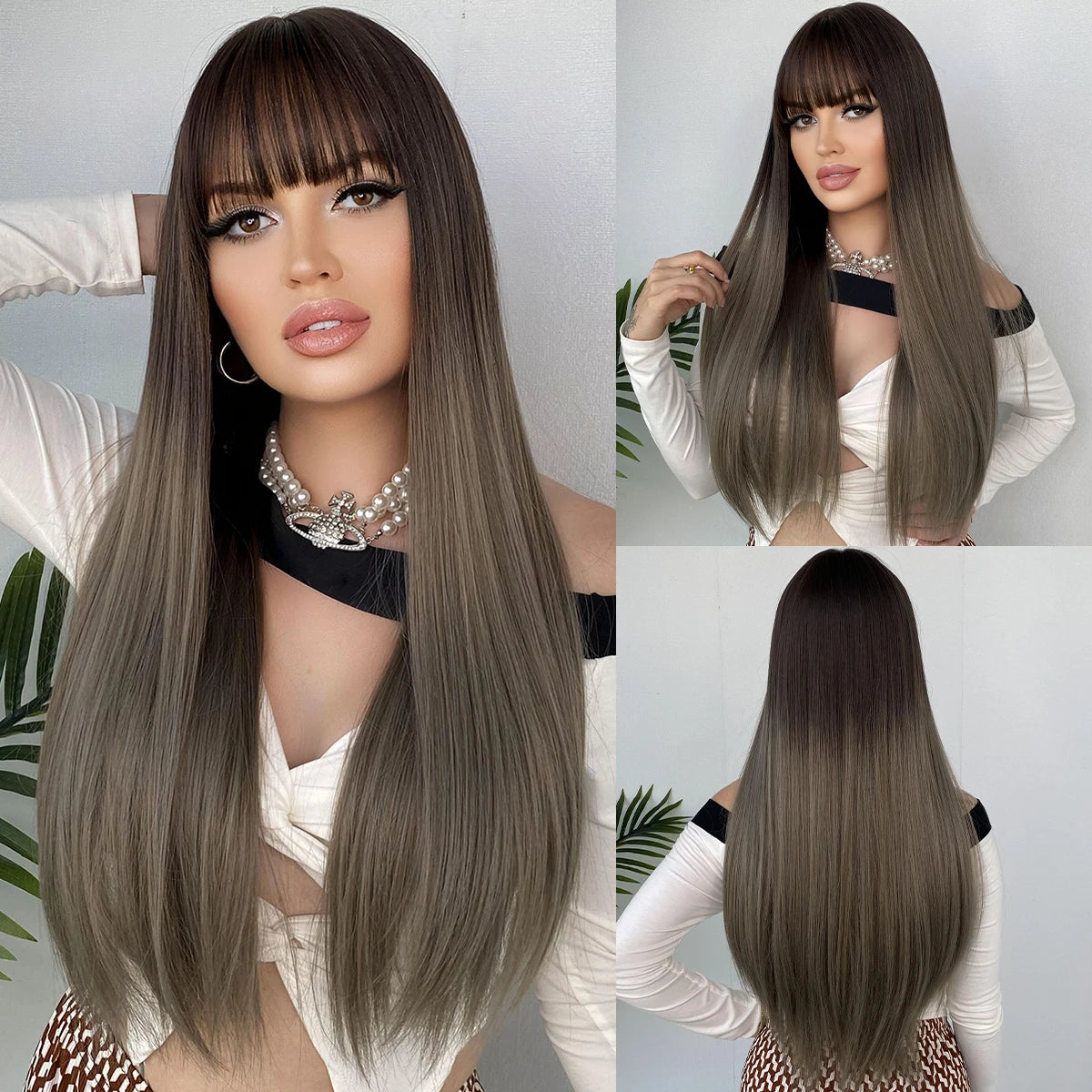 Long straight wig with bangs shown from front and back