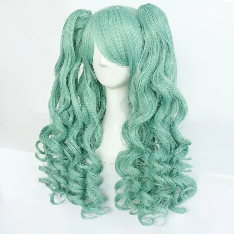 Blue-Green Long Wavy Cosplay Wig with Twin Ponytails