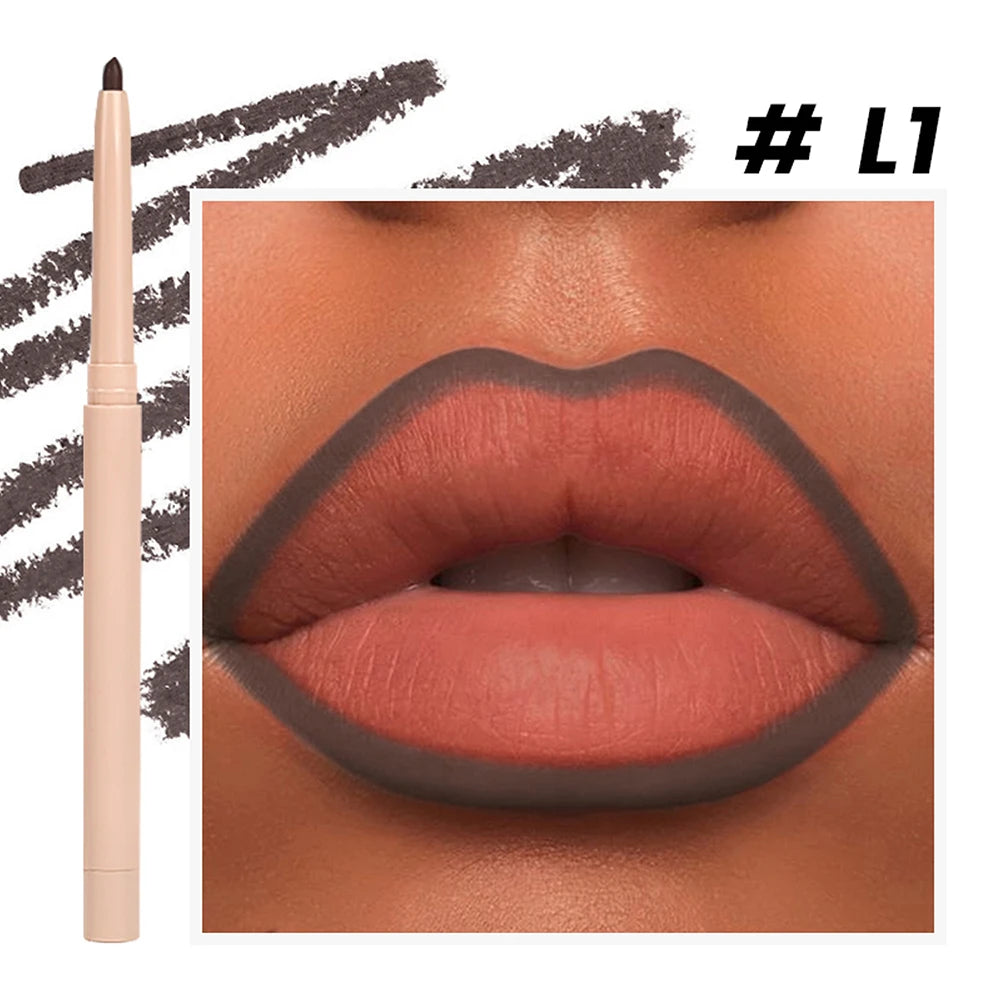 Lip liner shade shown on lips with pencil and swatch