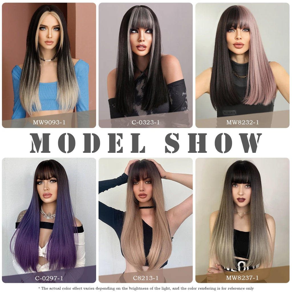 Long straight wigs with bangs shown in different colors