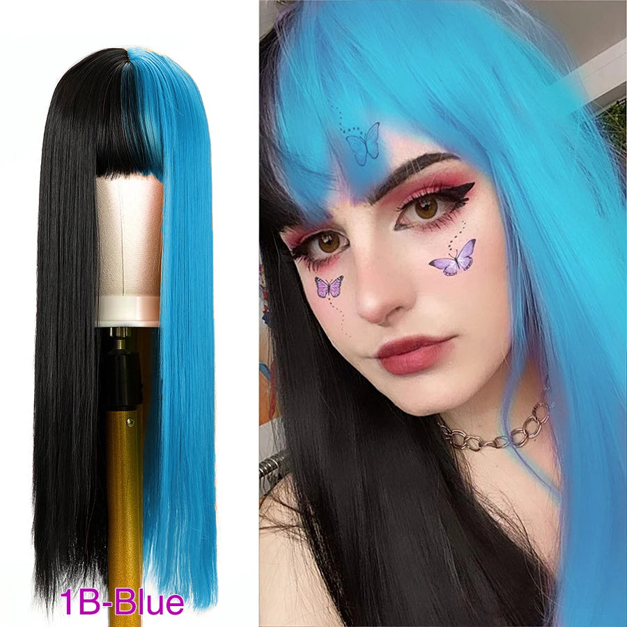 Two-tone straight wig with bangs shown on a model and mannequin