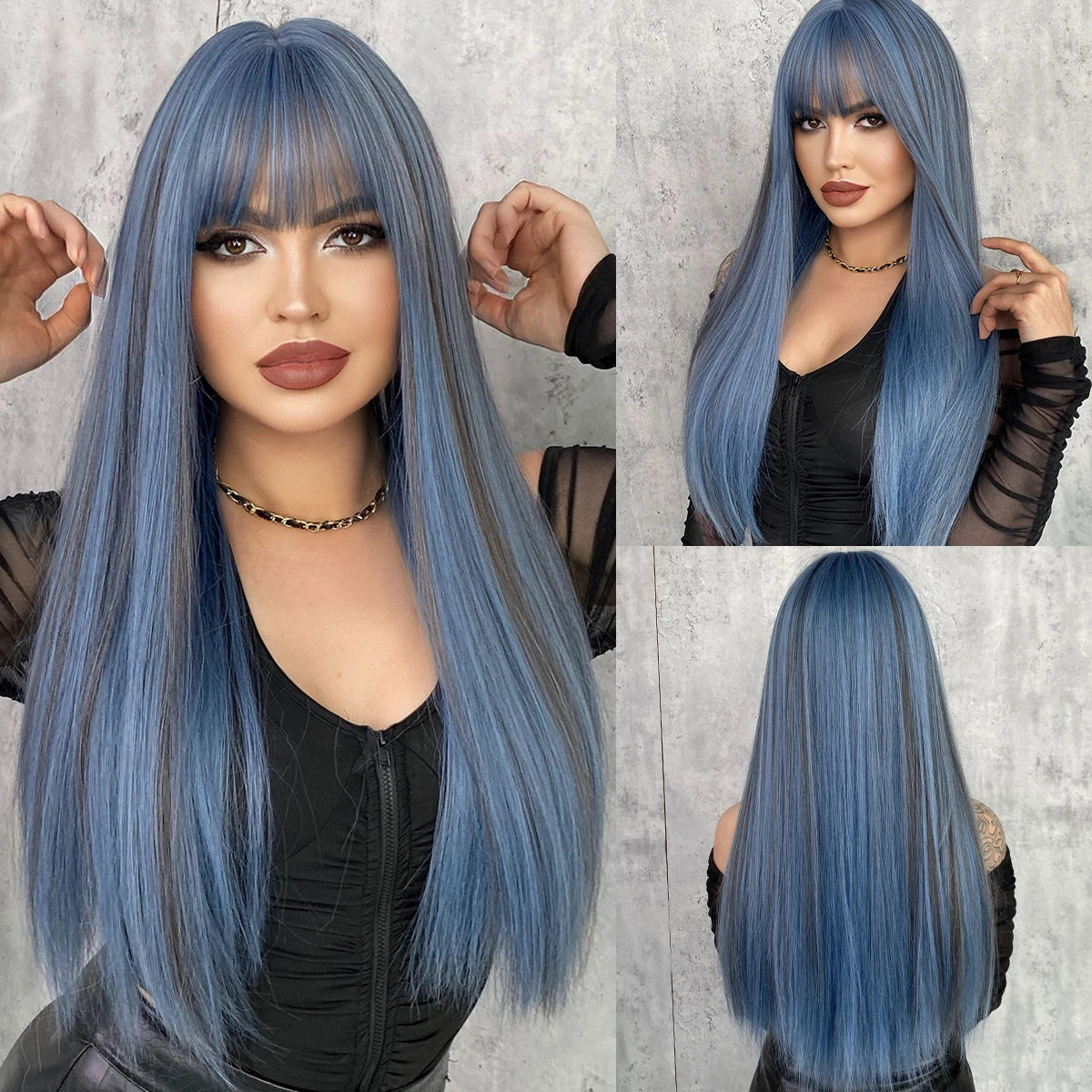 Long straight wig with bangs shown from front and back