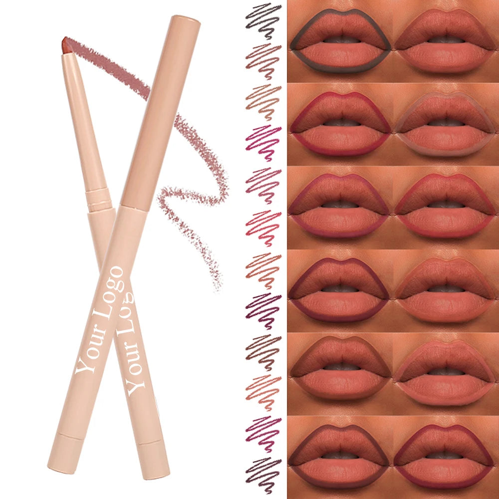 Lip liner pencils with color swatches and lip makeup examples