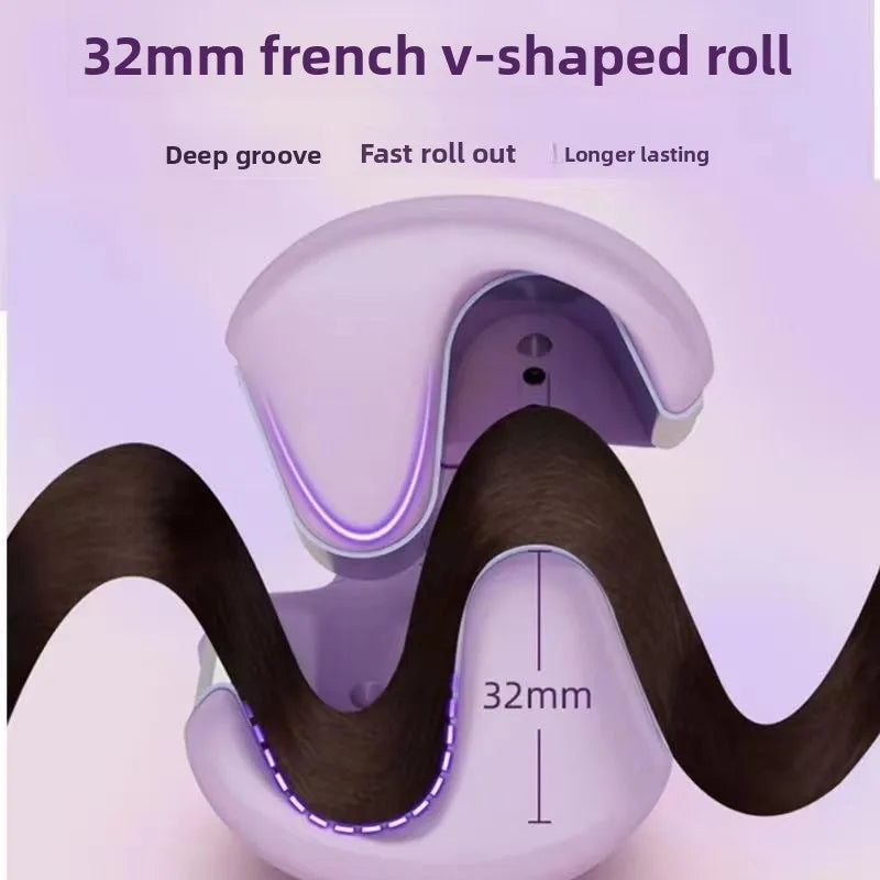 32mm French Wave Deep-V Ceramic Curling Iron – 4-Level Temp Control Hair Waver (Pink & Purple)
