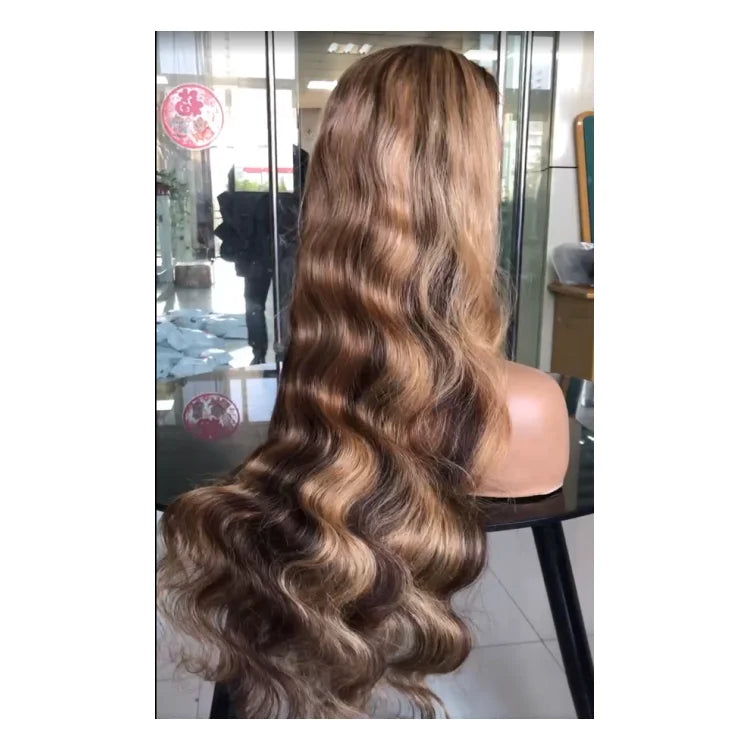 Long highlighted brown wavy wig showing its wave pattern