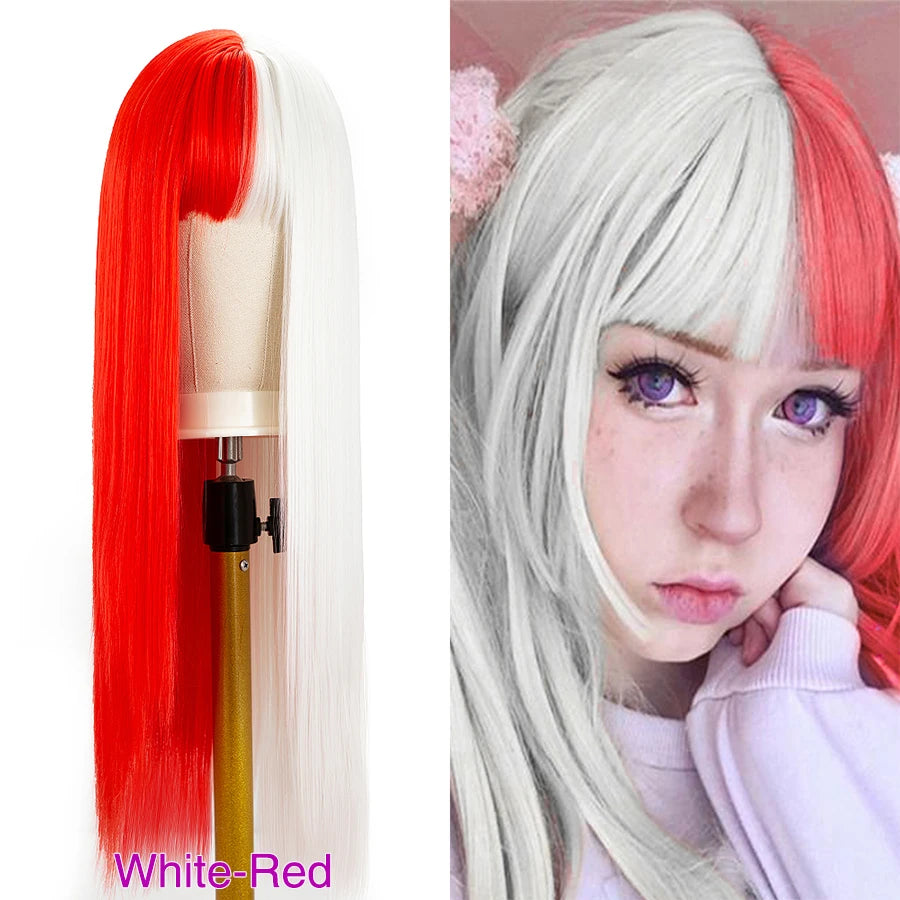 Two-tone straight wig with bangs shown on a model and mannequin