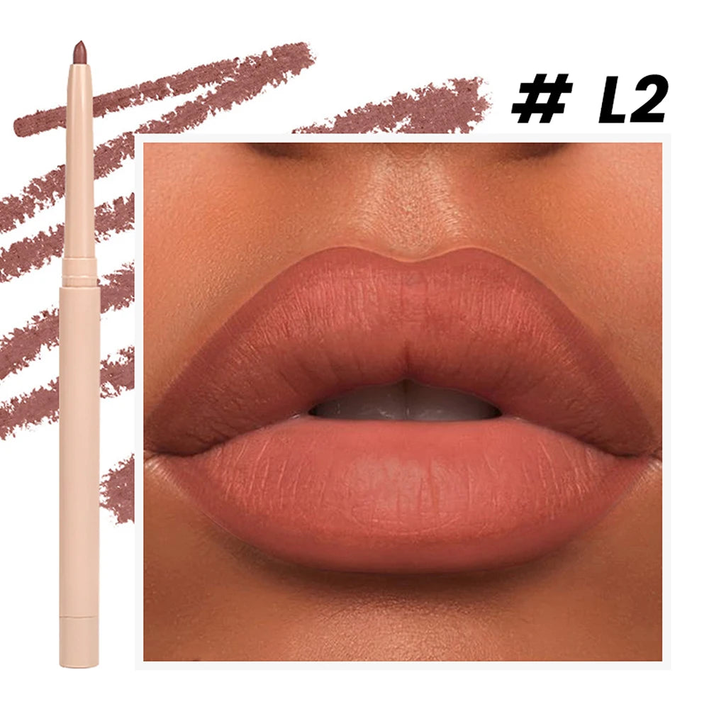 Lip liner shade shown on lips with pencil and swatch