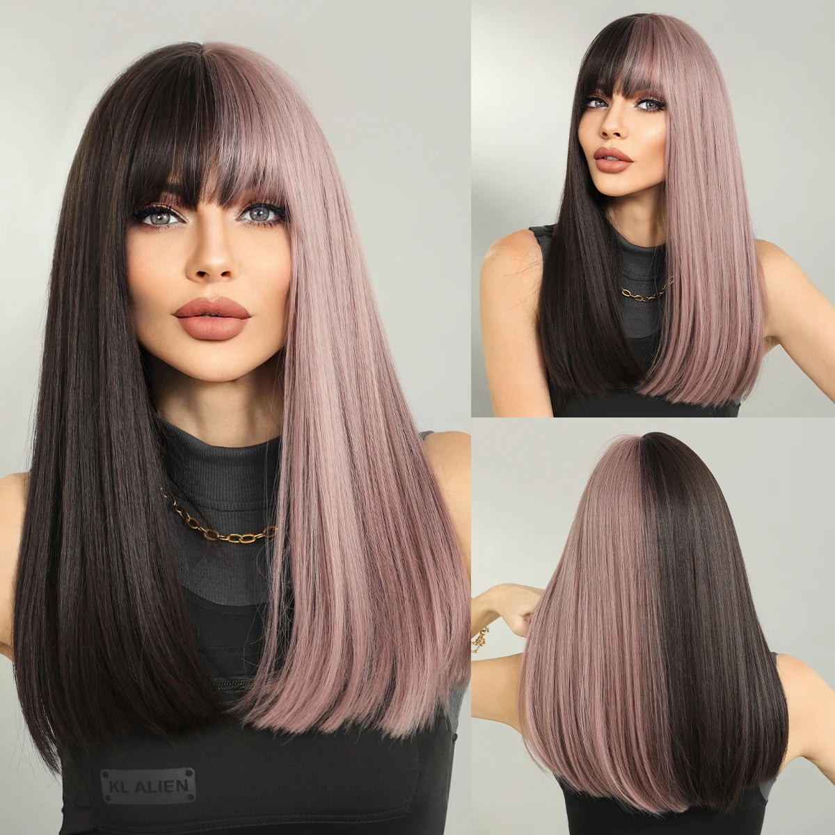 Long straight wig with bangs shown from front and back