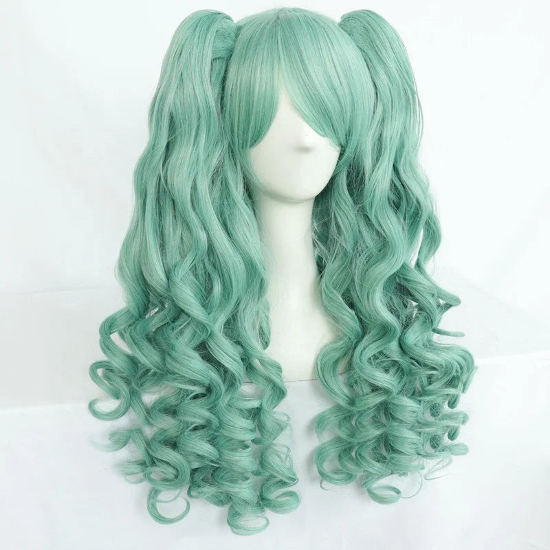 Blue-Green Long Wavy Cosplay Wig with Twin Ponytails