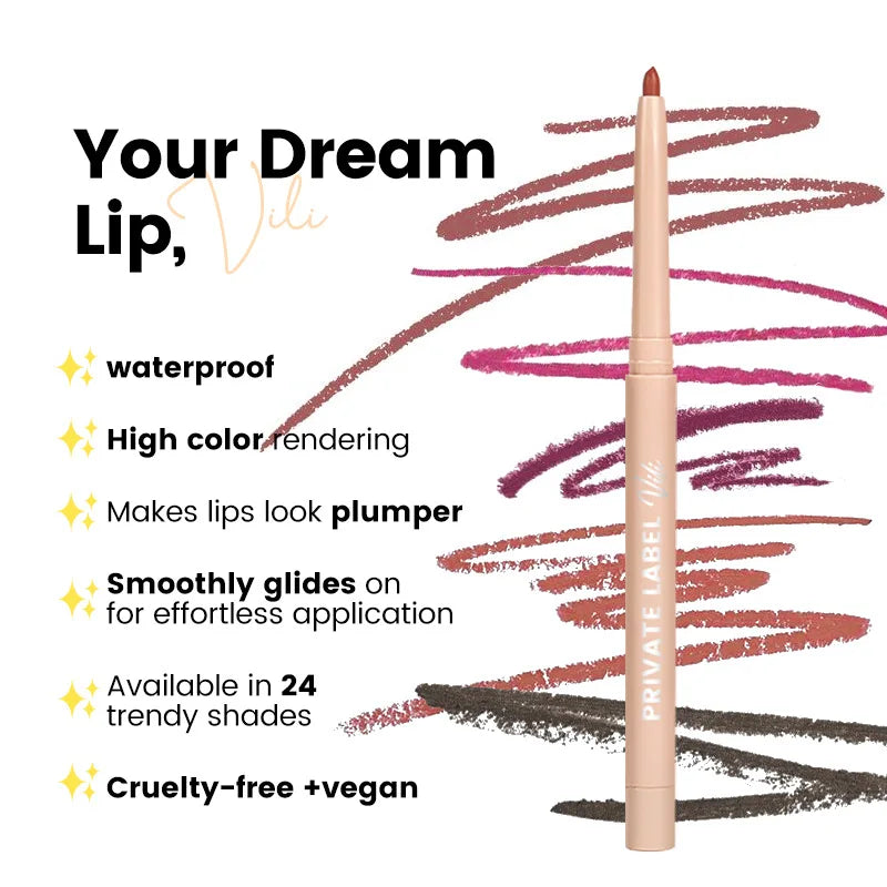 Lip liner pencils with color swatches and lip makeup examples