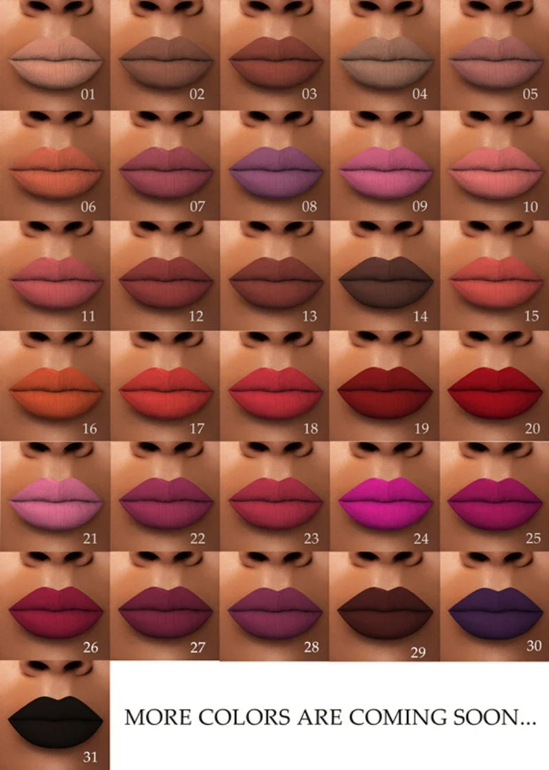 Liquid lipstick shade chart shown on lips