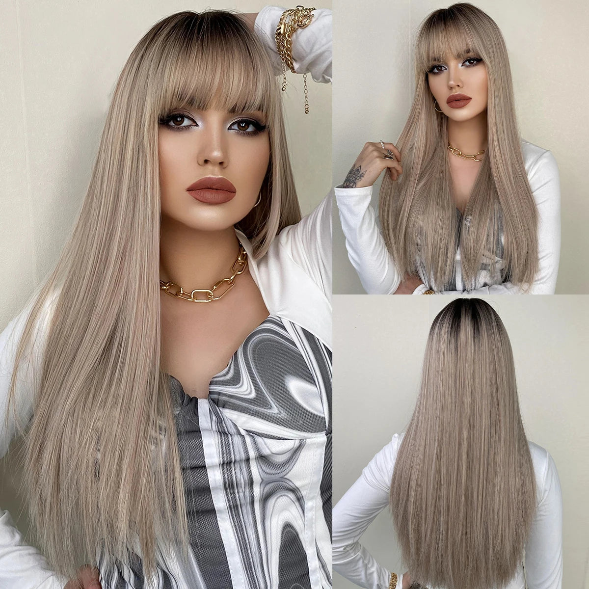 Long straight wig with bangs shown from front and back