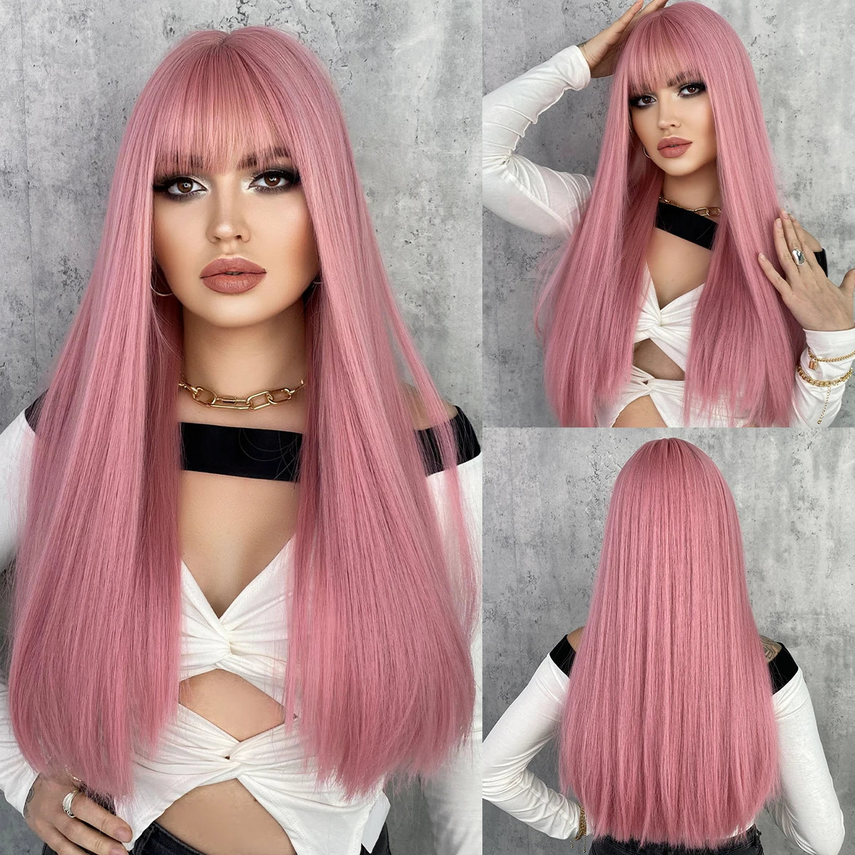 Long straight wig with bangs shown from front and back