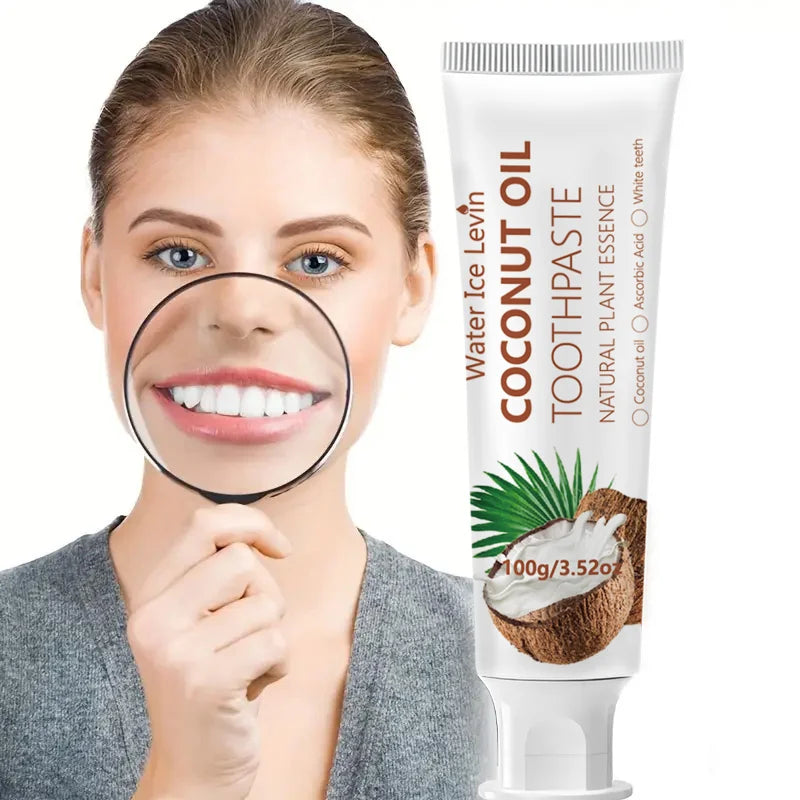 Coconut oil toothpaste with ingredient and brushing graphics