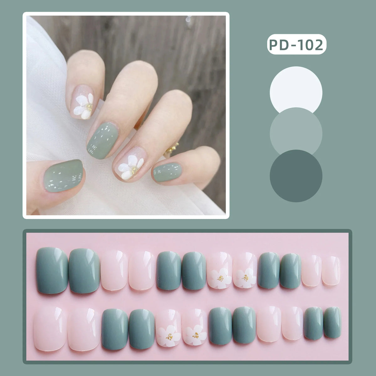 Press-on nail set with manicure example and shade samples