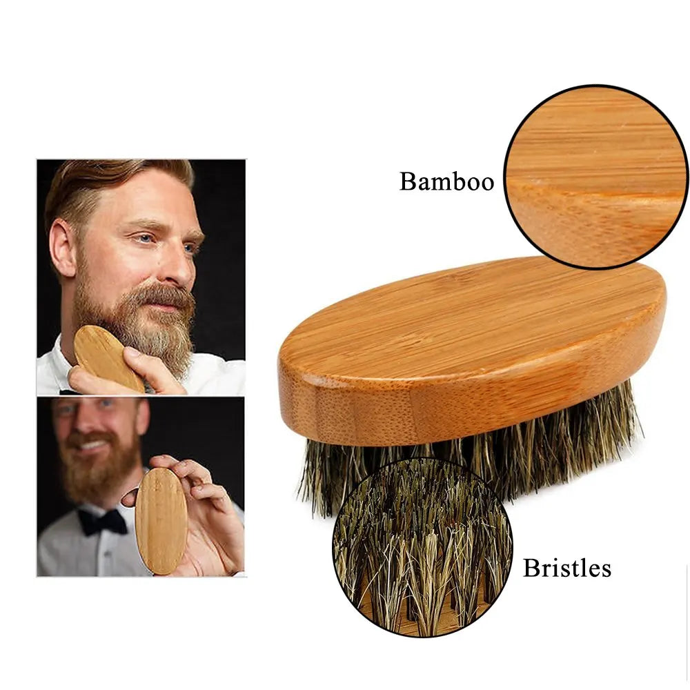 Wooden beard brush with bristle and grooming examples