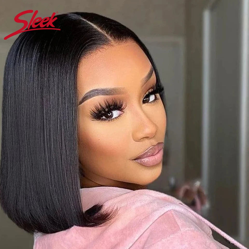 Straight dark bob wig with styling and hairline details
