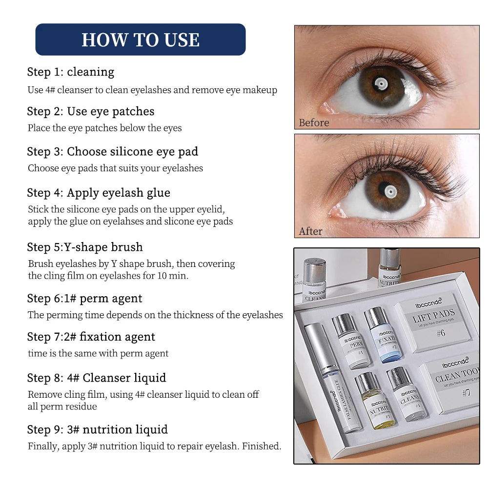 Eyelash lifting kit with application and product information
