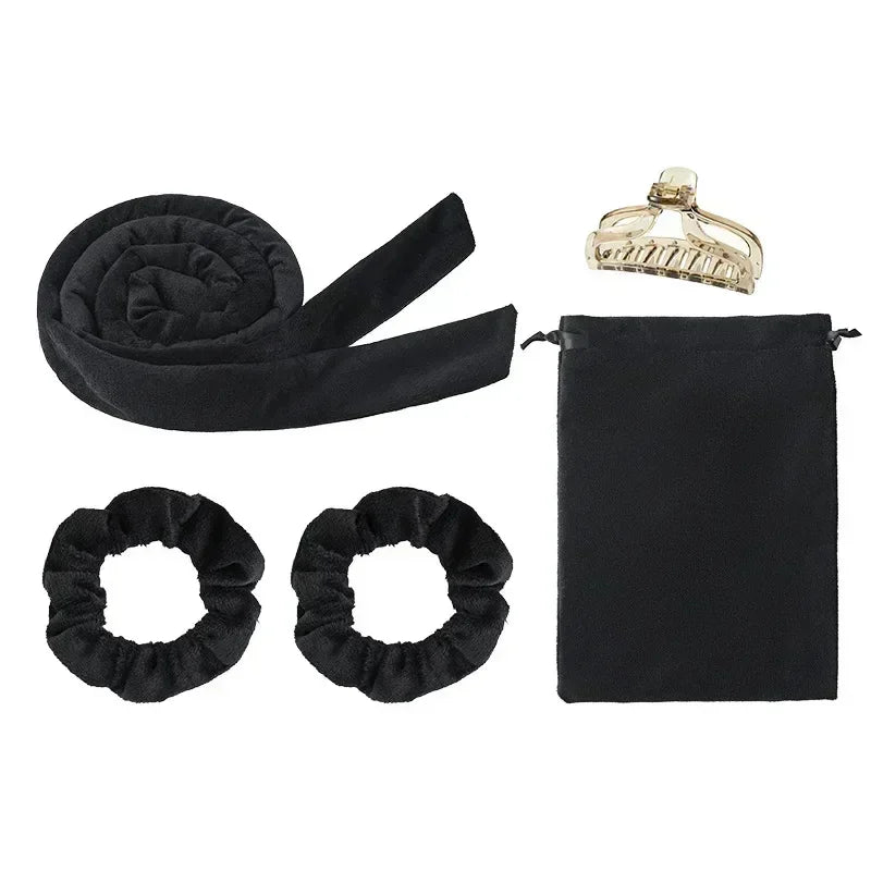 Heatless curling rod or ribbon with coordinating hair ties