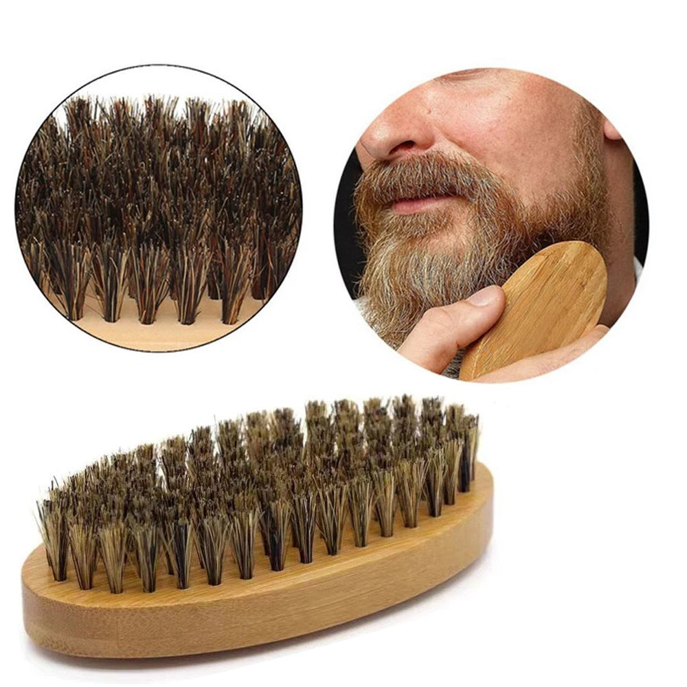 Wooden beard brush with beard grooming example