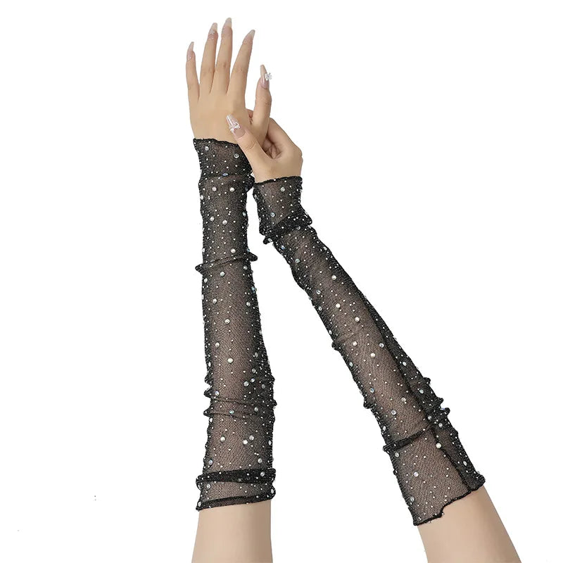 Long Fingerless Rhinestone Mesh Gloves