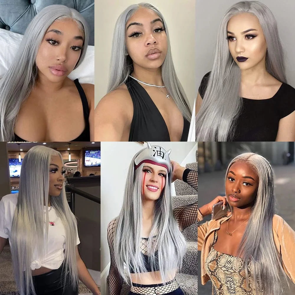 Long silver-gray straight wig with hairstyle and hairline views