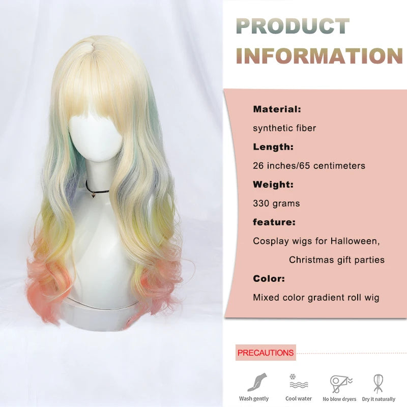 Long pastel wavy wig with styling and product details