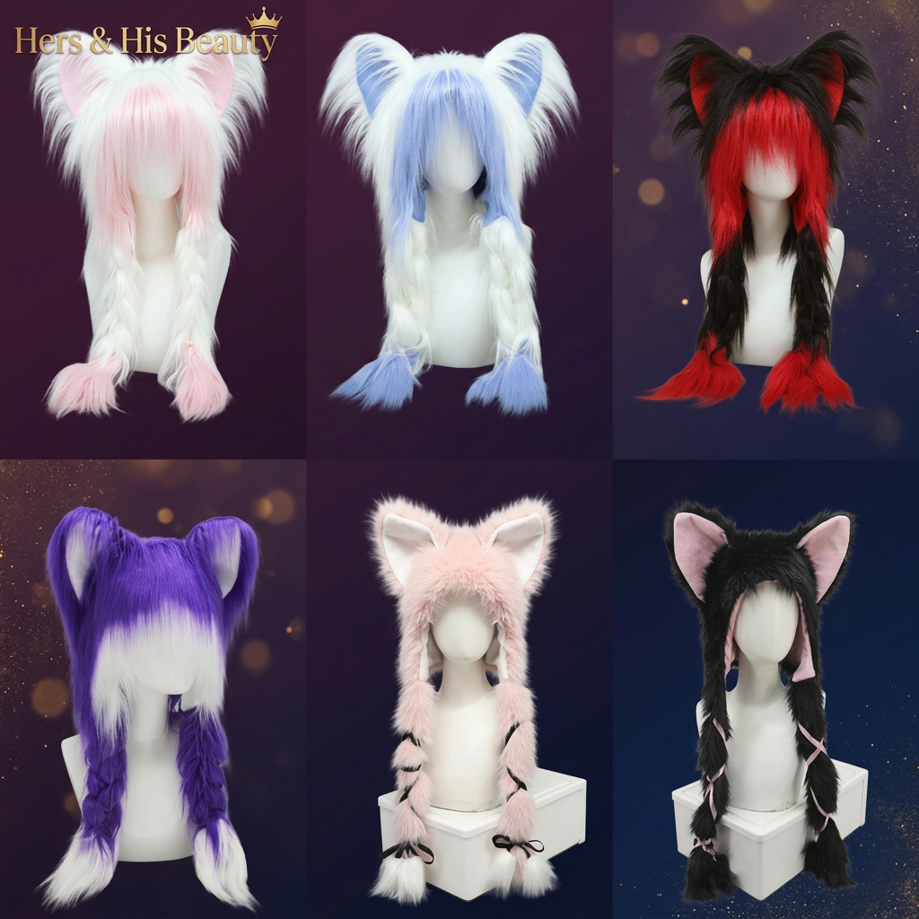 Y2K Cat Ear Plush Hat - Cute Braid Cosplay Cap- 9 Colors