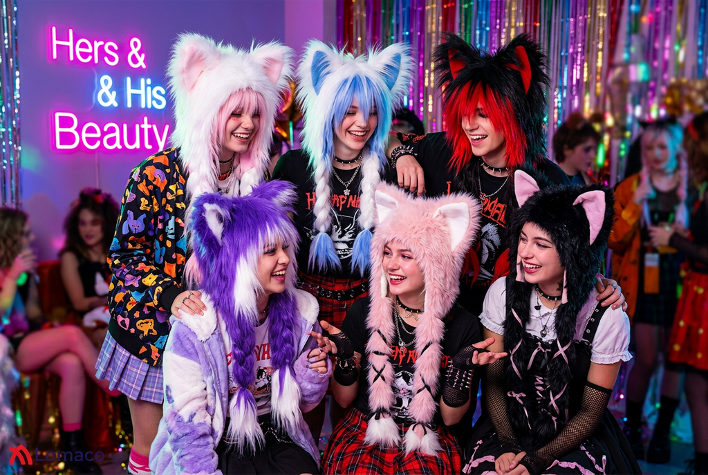 Y2K Cat Ear Plush Hat - Cute Braid Cosplay Cap- 9 Colors
