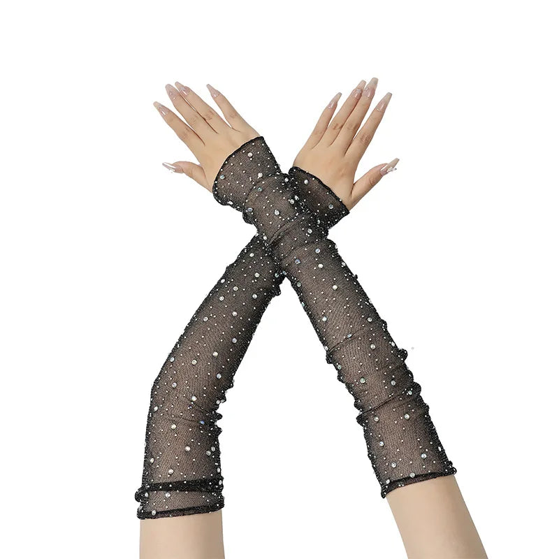 Long Fingerless Rhinestone Mesh Gloves