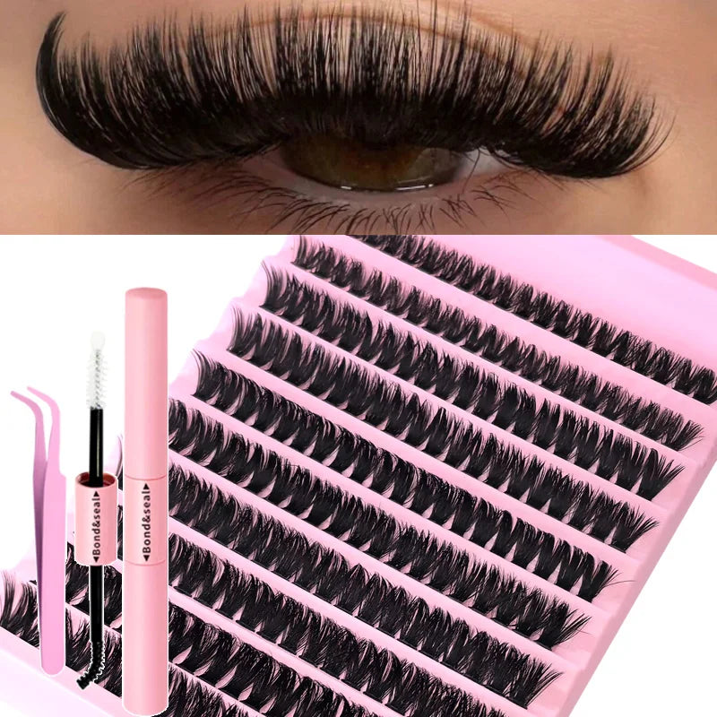 False eyelash clusters in trays with lash application examples
