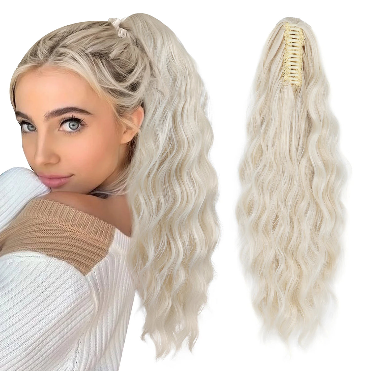 Wavy ponytail extension color shown with styling example