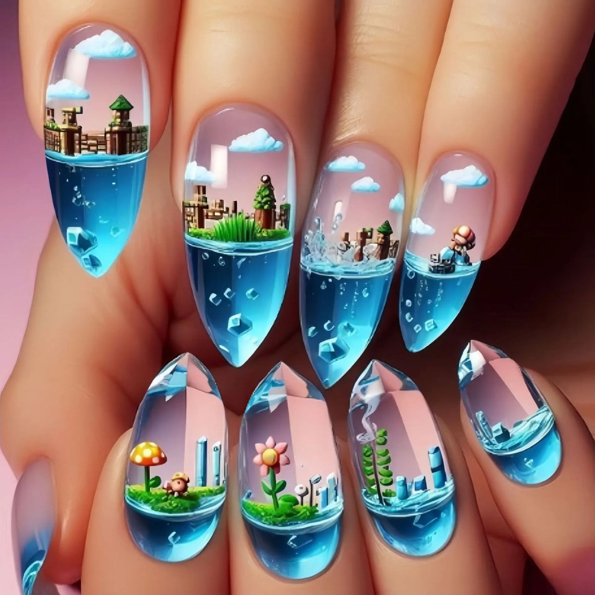 Colorful marine and summer-themed nail designs shown on hands