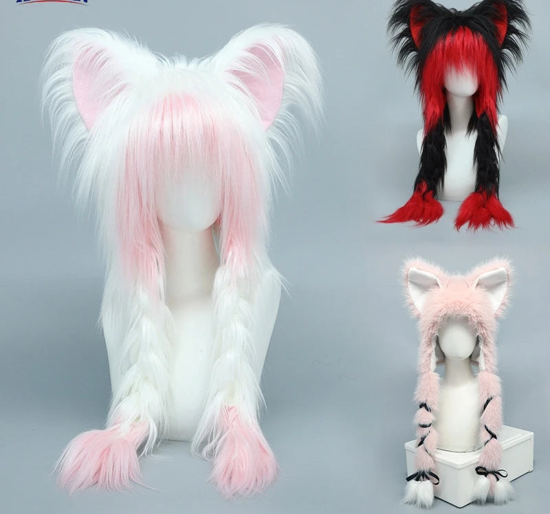 Y2K Cat Ear Plush Hat - Cute Braid Cosplay Cap- 9 Colors