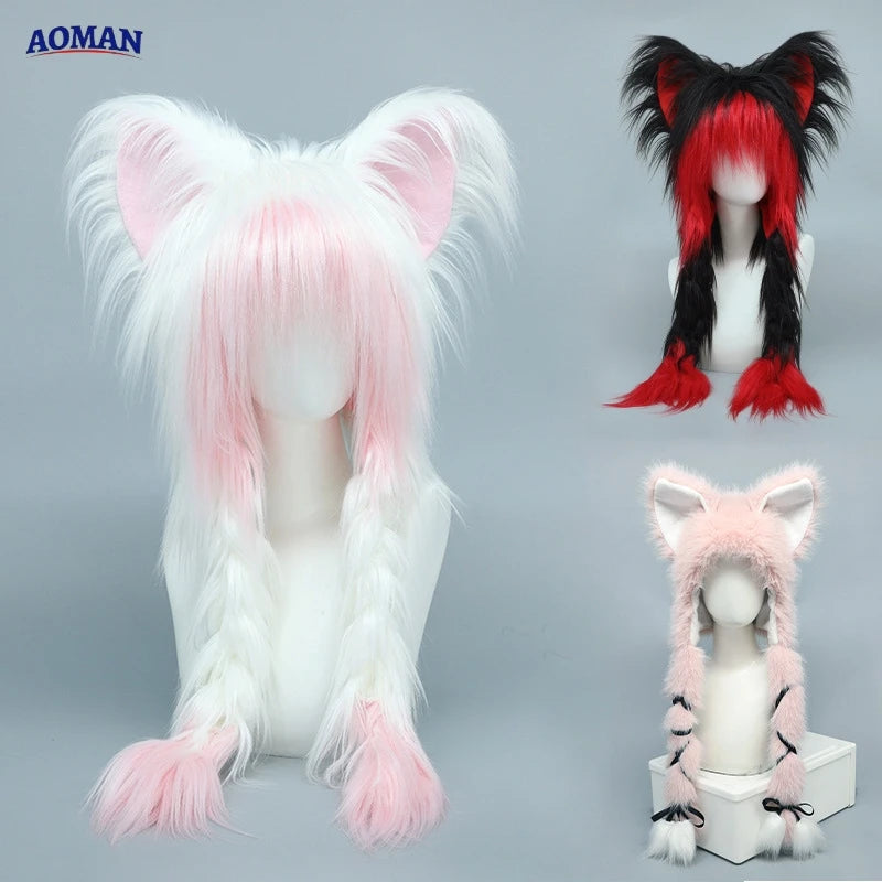 Y2K Cat Ear Plush Hat - Cute Braid Cosplay Cap- 9 Colors