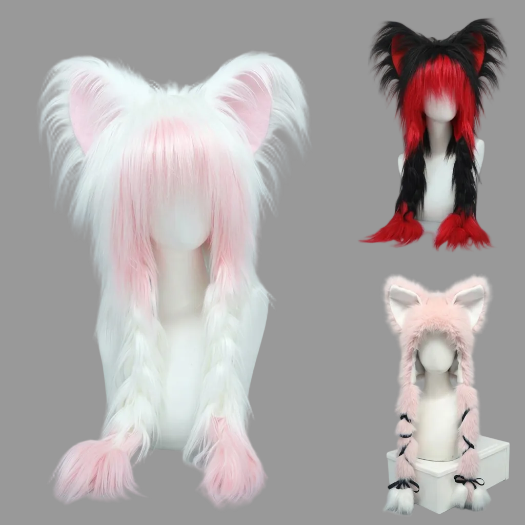 Y2K Cat Ear Plush Hat - Cute Braid Cosplay Cap- 9 Colors