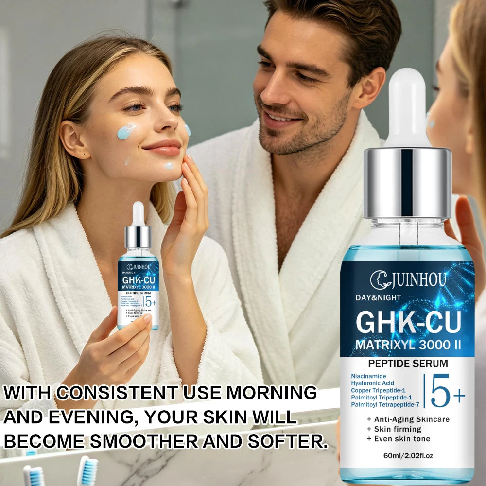 Copper peptide facial serum with skin application and product graphics