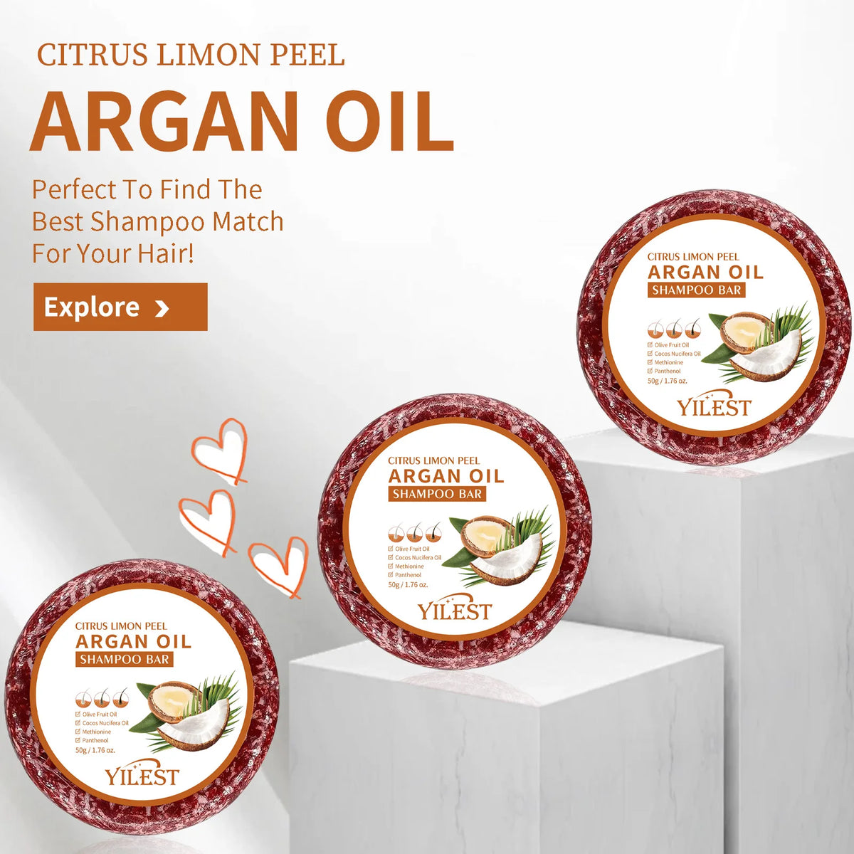 Shampoo bar with hair care, ingredient and application graphics