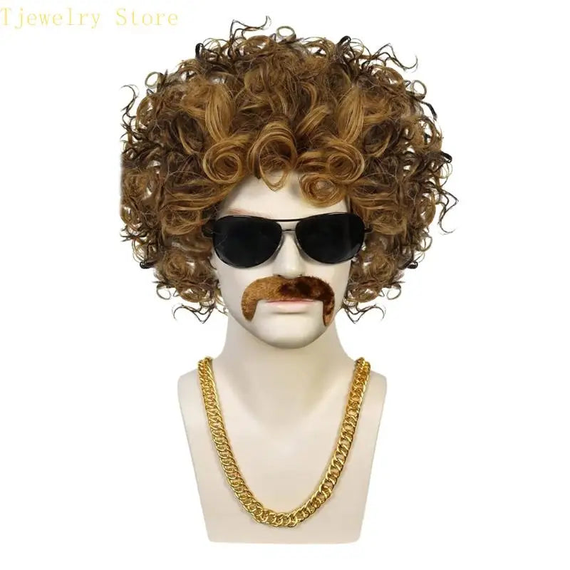 Curly costume wig with sunglasses and mustache accessories