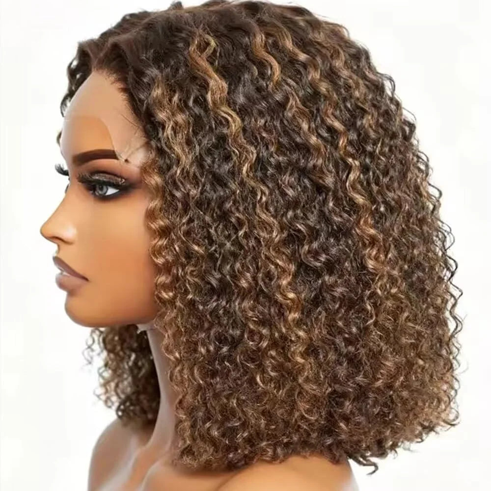 Short highlighted curly bob wig showing its hairstyle and curl texture