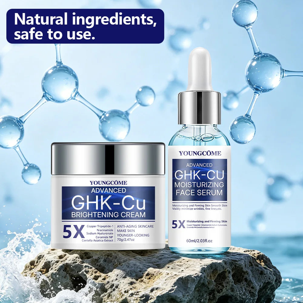 Copper peptide face serum and cream with ingredient and application graphics