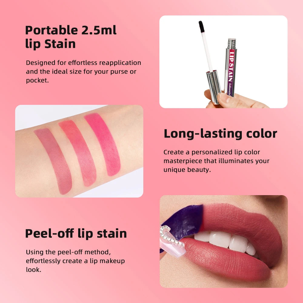 Peel-off lip stain with lip application and color swatch examples