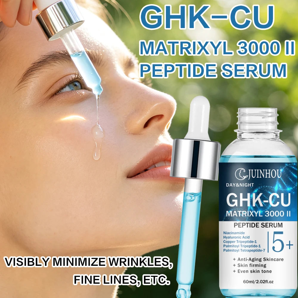 Copper peptide facial serum with skin application and product graphics