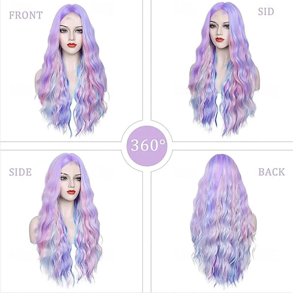 Long pastel wavy wig with hairstyle and parting details